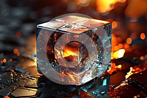 Glass cube with holographic transparent and iridescent color isolated on black background 20mm lens photo