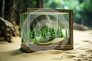 Glass cube with miniature Christmas trees on the sand. Environment conservation concept. Generative AI