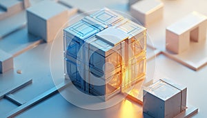 Glass cube stands among similar figures. Data processing system unit. Illustration conveys complexity, structure, order, tech.
