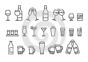 Glass cup for alcohol drink, clink celebration toast, line empty icon set. Beverage, cocktail in beer mug, wineglass