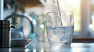 A glass cup being filled with clean water from a tap in the kitchen