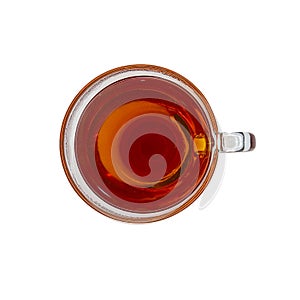 Glass cup of black tea isolated on white background, top view. Object for project and design