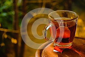 Glass cup of black tea with teabag vaporing on table with autumn trees in background