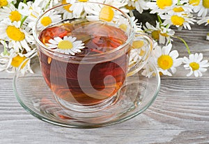 Glass cup with a camomile tea