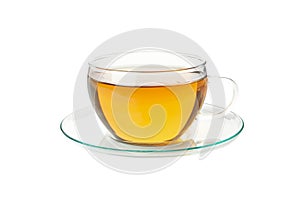 Glass cup chamomile tea isolated on white background