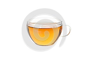 Glass cup chamomile tea isolated on white background