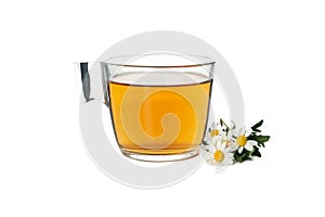 Glass cup of chamomile tea isolated on background