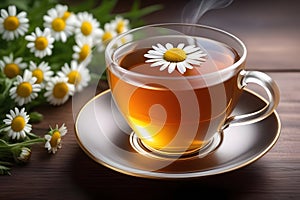 Glass Cup of Chamomile Tea on White Background. Isolated, Herbal Drink for Relaxation and Wellness
