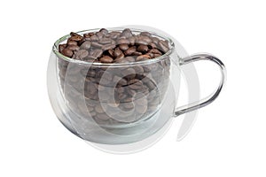 Glass cup with coffee beans isolated on white background. Cup with coffee beans. Transparent coffee cup