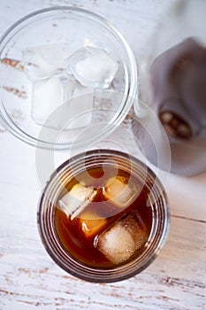 Glass cup with cold brew coffee on ice