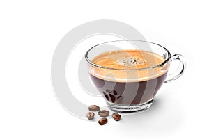 Glass cup of espresso coffee and coffee beans isolated on white background