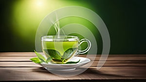 Glass cup of fresh green tea on wooden tableGlass cup of fresh green tea on wooden table