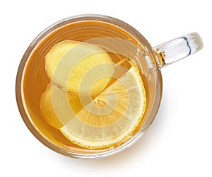 Glass cup of ginger lemon tea