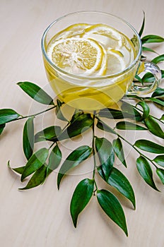 Glass cup of ginger tea with lemon served round frame green leaves ruscus flowers on a light wooden rustic wall