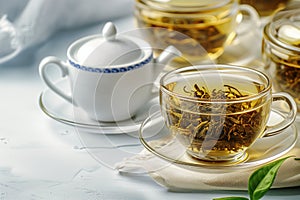 Glass cup of golden herbal tea adorned with fresh green leaves.