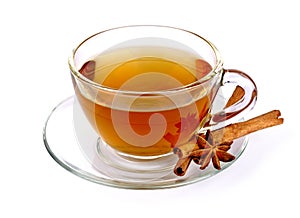 Glass cup of green tea with cinnamon sticks on white