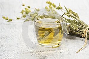 Glass cup of herbal sage tea with dried sage leaves on white wooden rustic background