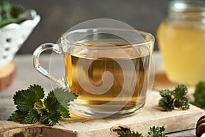 A glass cup of herbal tea with fresh stinging nettles