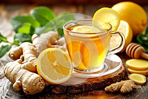 Glass cup of hot ginger tea with lemon, honey and mint on dark rustic table. natural homemade remedy for cold and flu