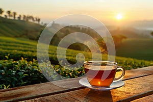 glass cup of hot tea on wooden table with tea plantation on sunset