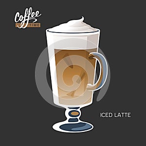 Glass cup iced coffee latte macchiato vector illustration