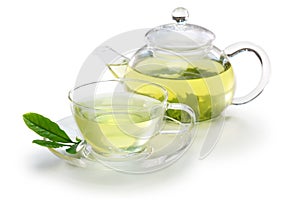 Glass cup of Japanese green tea and teapot