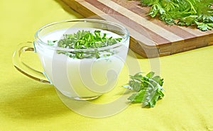 Glass cup with kefir