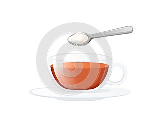 Glass cup with saucer with black tea and spoon drops sugar vector illustration isolated on white background