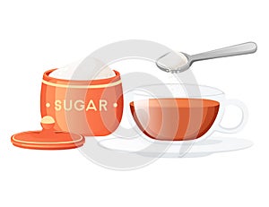 Glass cup with saucer with black tea and spoon drops sugar vector illustration isolated on white background