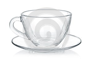 Glass cup and saucer isolated on white