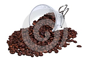 Glass cup and scattered coffee beans isolated on white background