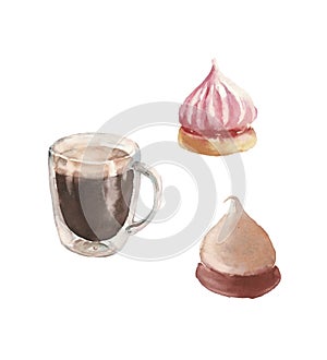 Glass cup with strong coffee with two meringues - illustration