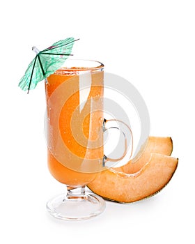 Glass cup of tasty melon smoothie on white background