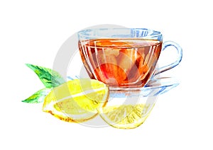 Glass cup of tea with lemon and mint leaves.Drink painting.