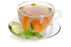 Glass Cup Tea with Mint and Slices of Lime