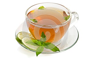 Glass Cup Tea with Mint and Slices of Lime