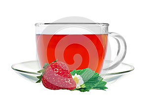 Glass cup tea with strawberry and green leaves isolated on white