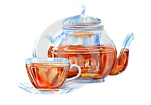 Glass cup and teapot of a black tea.