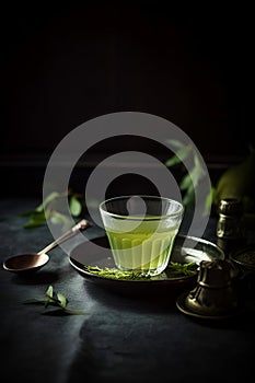 Glass cup with traditional Japanese green colored matcha tea served on table