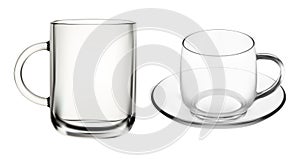 Glass cup. Transparent coffee tea cups, empty mug