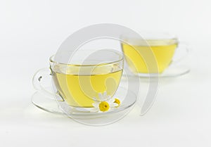 glass cups with chamomile tea on a white background and flower of daisies