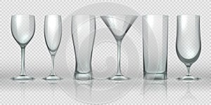 Glass cups. Empty transparent glasses and goblet mockups, realistic 3D bear pint and cocktail glassware. Vector glass photo
