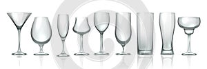 Glass cups. Realistic empty stemware. Transparent glassware for beer and whiskey, liquor or cocktail. Wineglass for photo