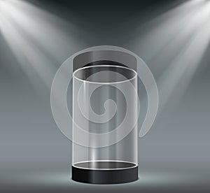 Glass cylinder showcase. Transparent plastic case, empty product or museum display with spotlights. Exhibition stand for