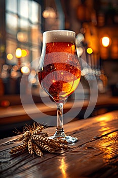 Glass of dark beer with foam and wheat ears on the wooden bar counter in pub with free space for your text.