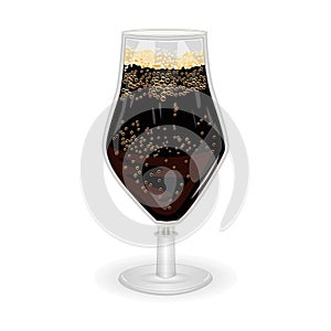 Glass of dark beer isolated on white background. Glass full with brown beer and foam.