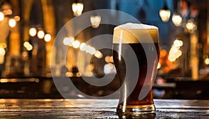 Glass of dark beer at night in pub on wooden table. Alcoholic drink