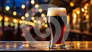 Glass of dark beer at night in pub on wooden table. Alcoholic drink