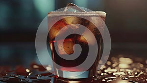 Glass of dark fizzy drink with ice cubes, cola or soda beverage on dark background, summer refreshment cocktail