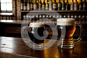 glass of dark stout and lager beer on wooden pub counter with bottles of alcohol on bar shelves in background